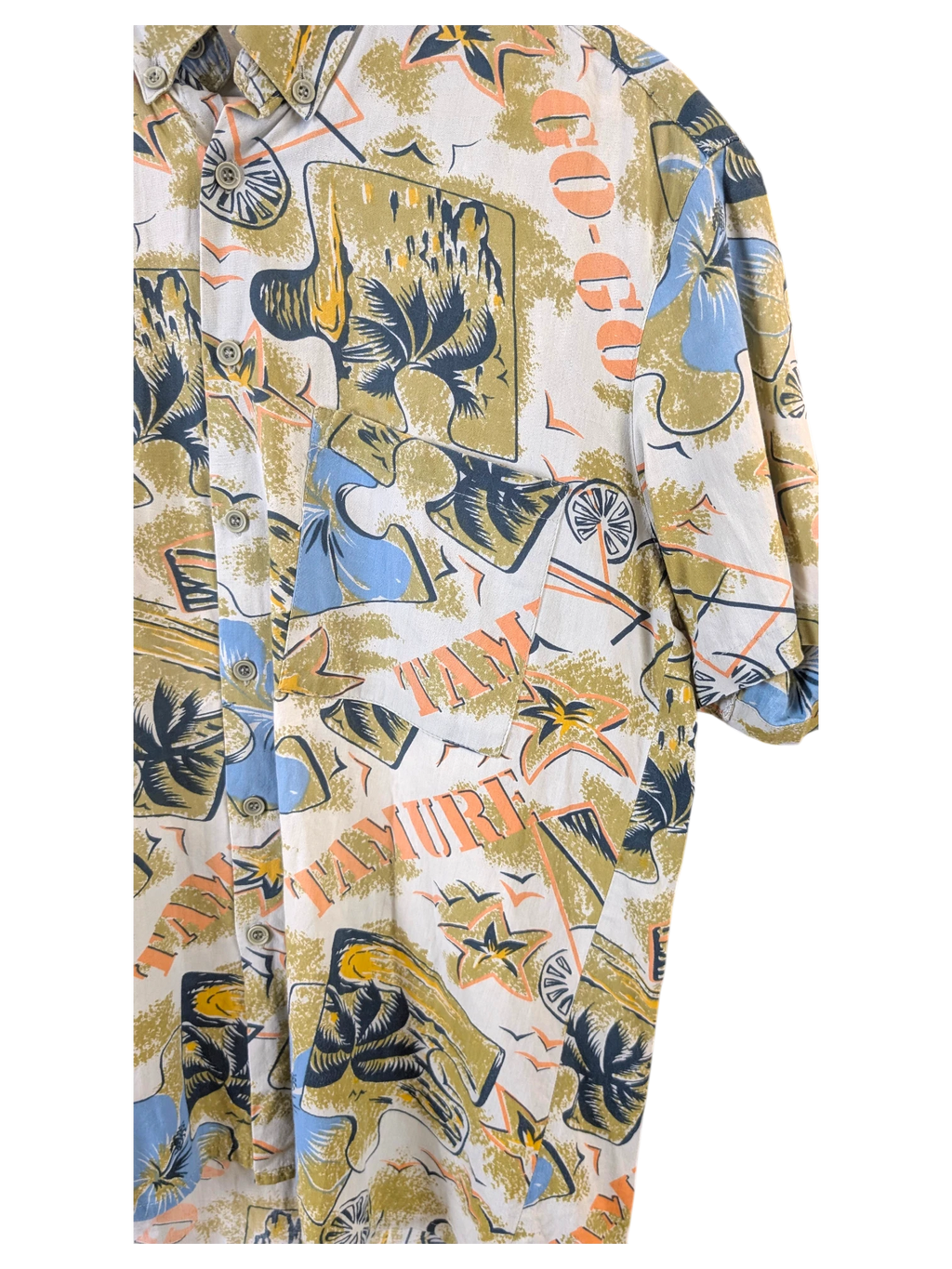 JAKE & IPI Primo SportsWear Hawaiian shirt featuring a vintage-style tropical print with palm trees in muted tones.
