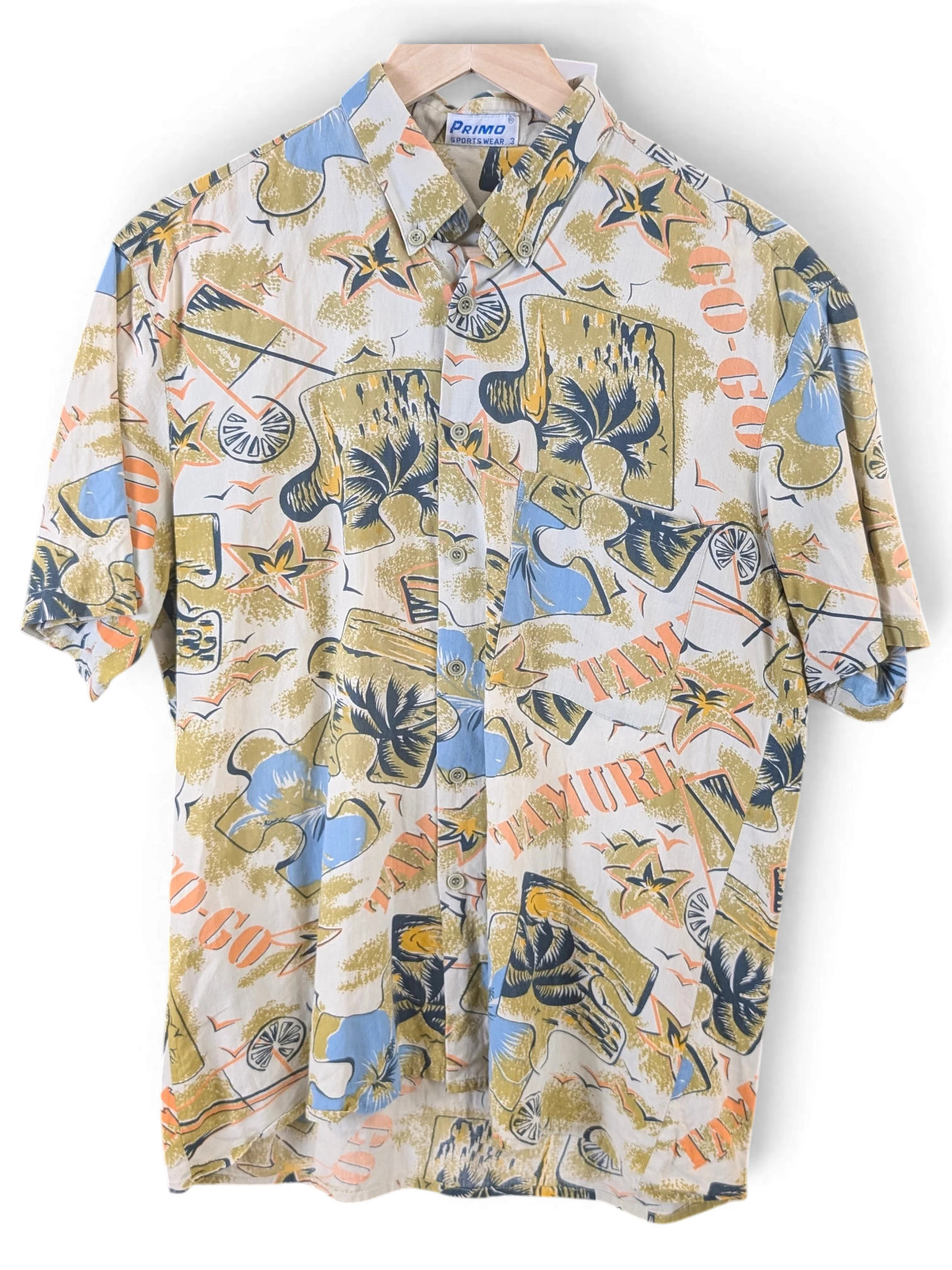 JAKE & IPI Primo SportsWear short-sleeve Hawaiian shirt in cream with blue and orange tropical print pattern