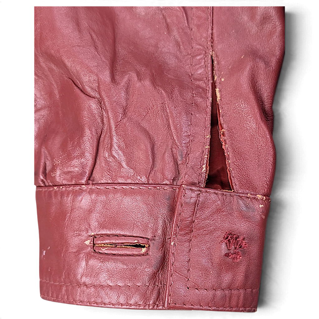 Vintage Red Genuine Leather Jacket Made in Uruguay – 14 – torn cuff.