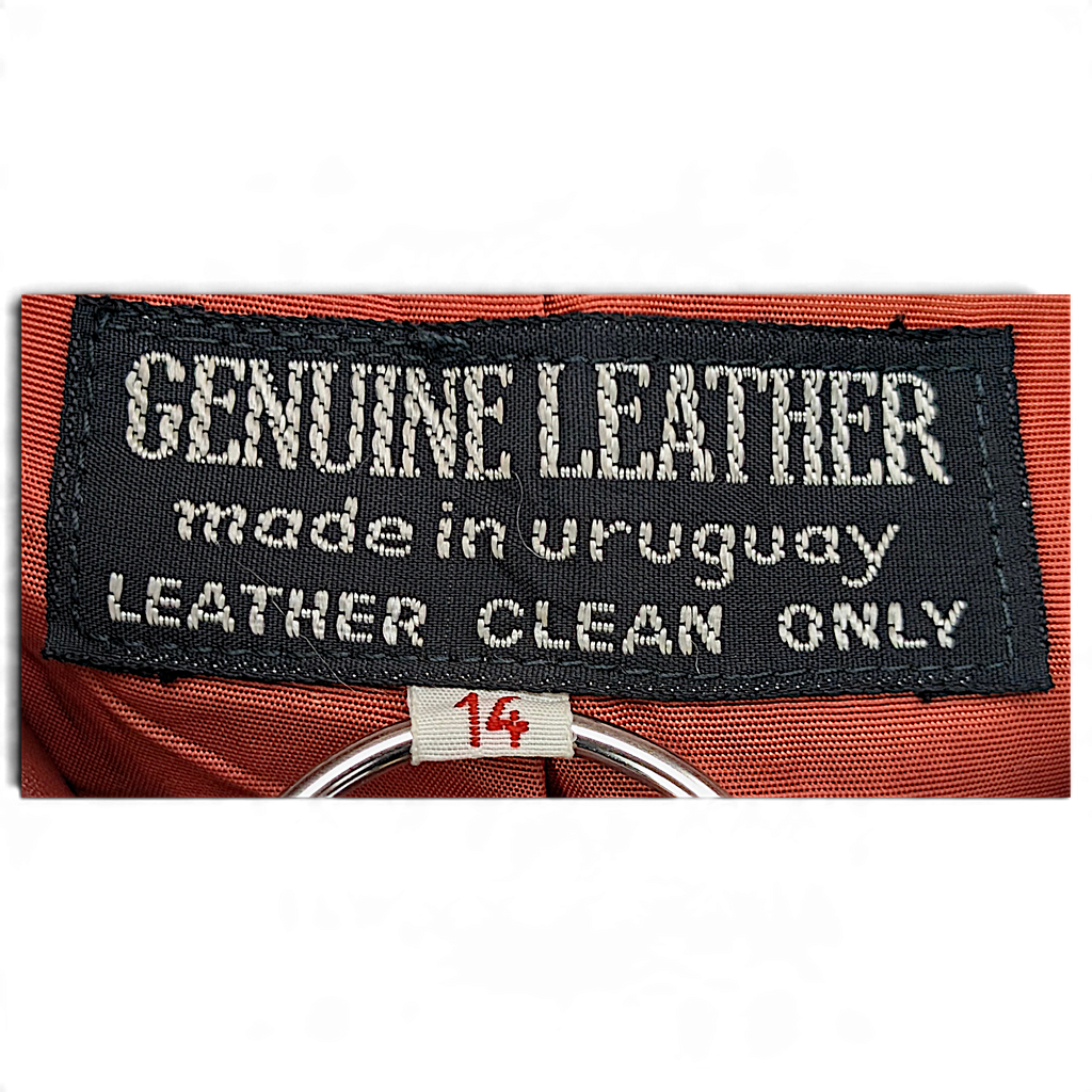 Vintage Red Genuine Leather Jacket Made in Uruguay – 14 – genuine leather made-in-Uruguay size label.