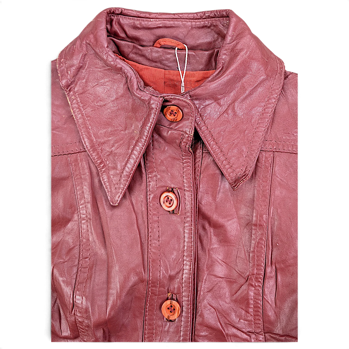 Vintage Red Genuine Leather Jacket Made in Uruguay – 14 – wide collar and button front.