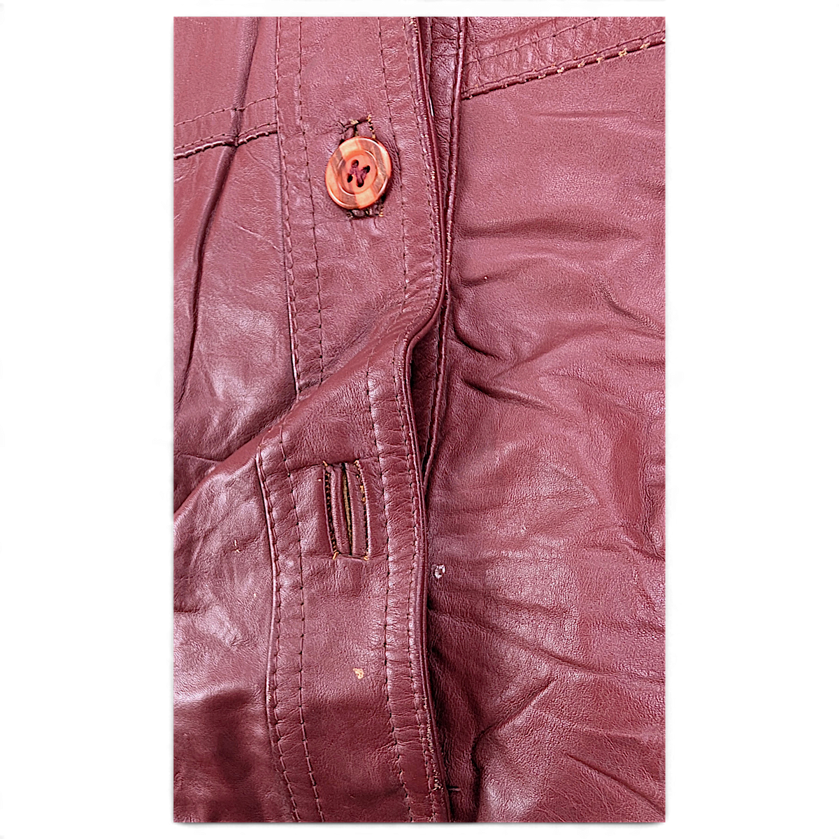 Vintage Red Genuine Leather Jacket Made in Uruguay – 14 – pocket and surface marks.