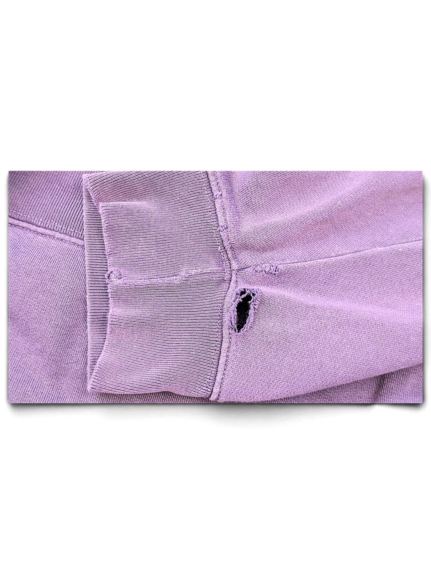 JAKE & IPI purple college sweatshirt sleeve detail showing ribbed cuff and small distressed hole