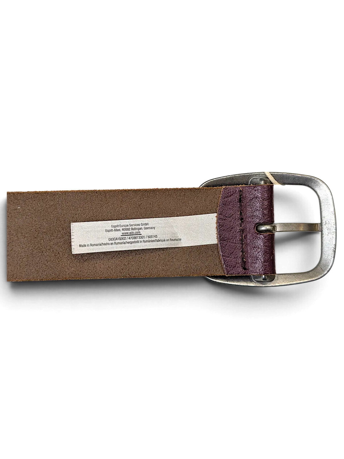JAKE & IPI purple leather belt featuring a sturdy silver-tone metal buckle and interior product information label.