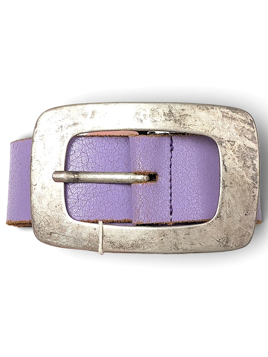 JAKE & IPI purple leather belt with a large, distressed silver-tone rectangular buckle held in a hand