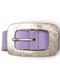 JAKE & IPI purple leather belt with a large, distressed silver-tone rectangular buckle held in a hand