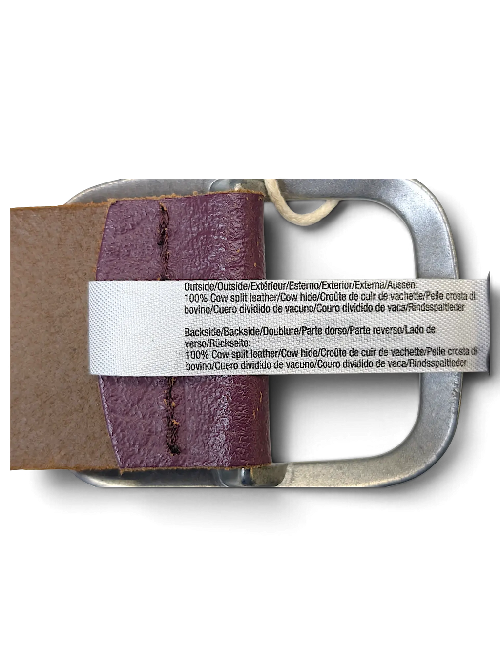 JAKE & IPI purple cow split leather belt showing material composition label and metal buckle detail