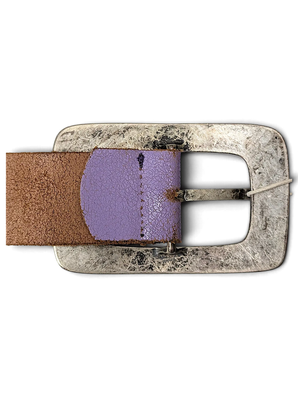 JAKE & IPI Cassandra Accessories purple leather belt with a large distressed silver rectangular buckle