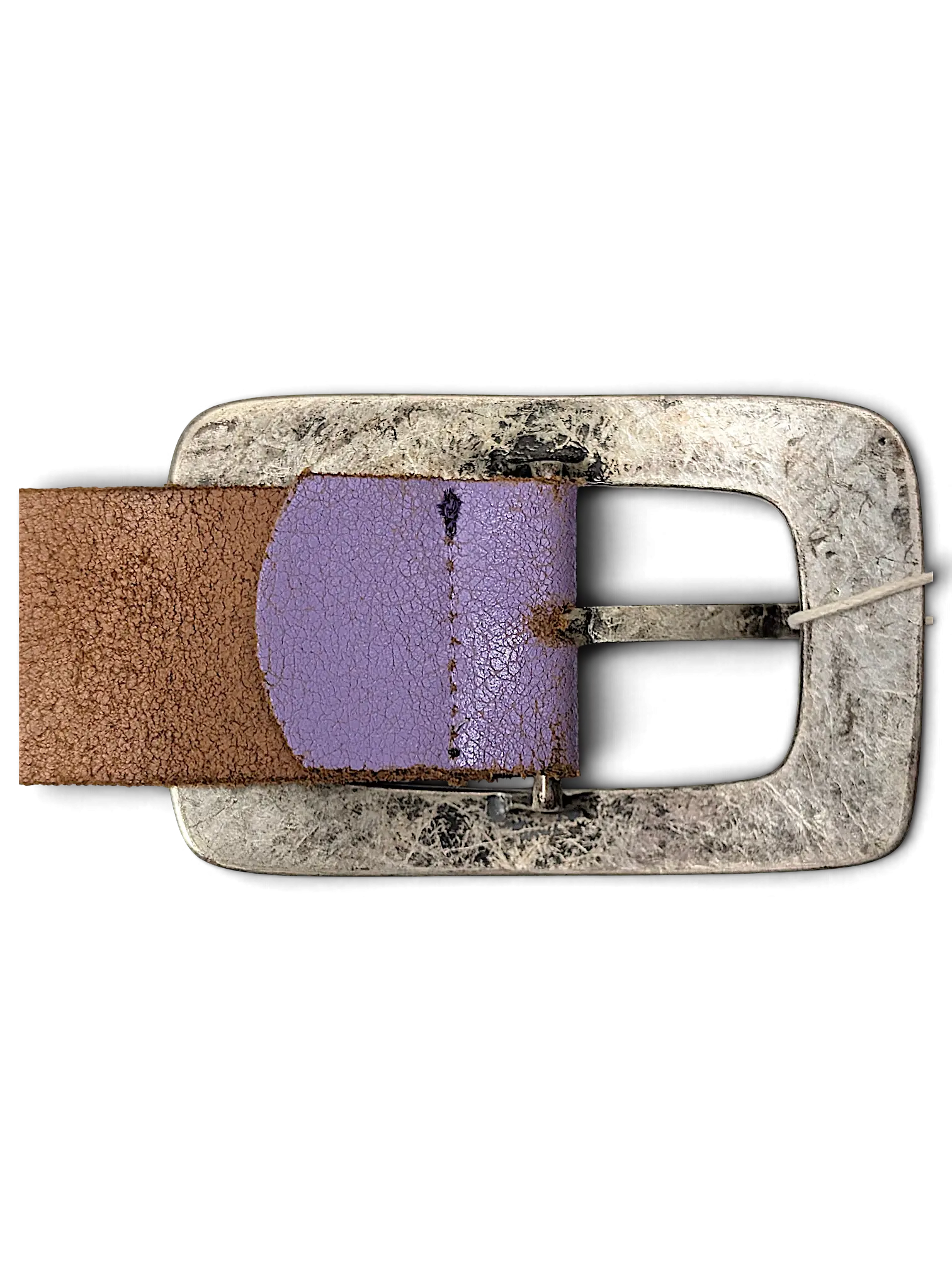 JAKE & IPI Cassandra Accessories purple leather belt with a large distressed silver rectangular buckle