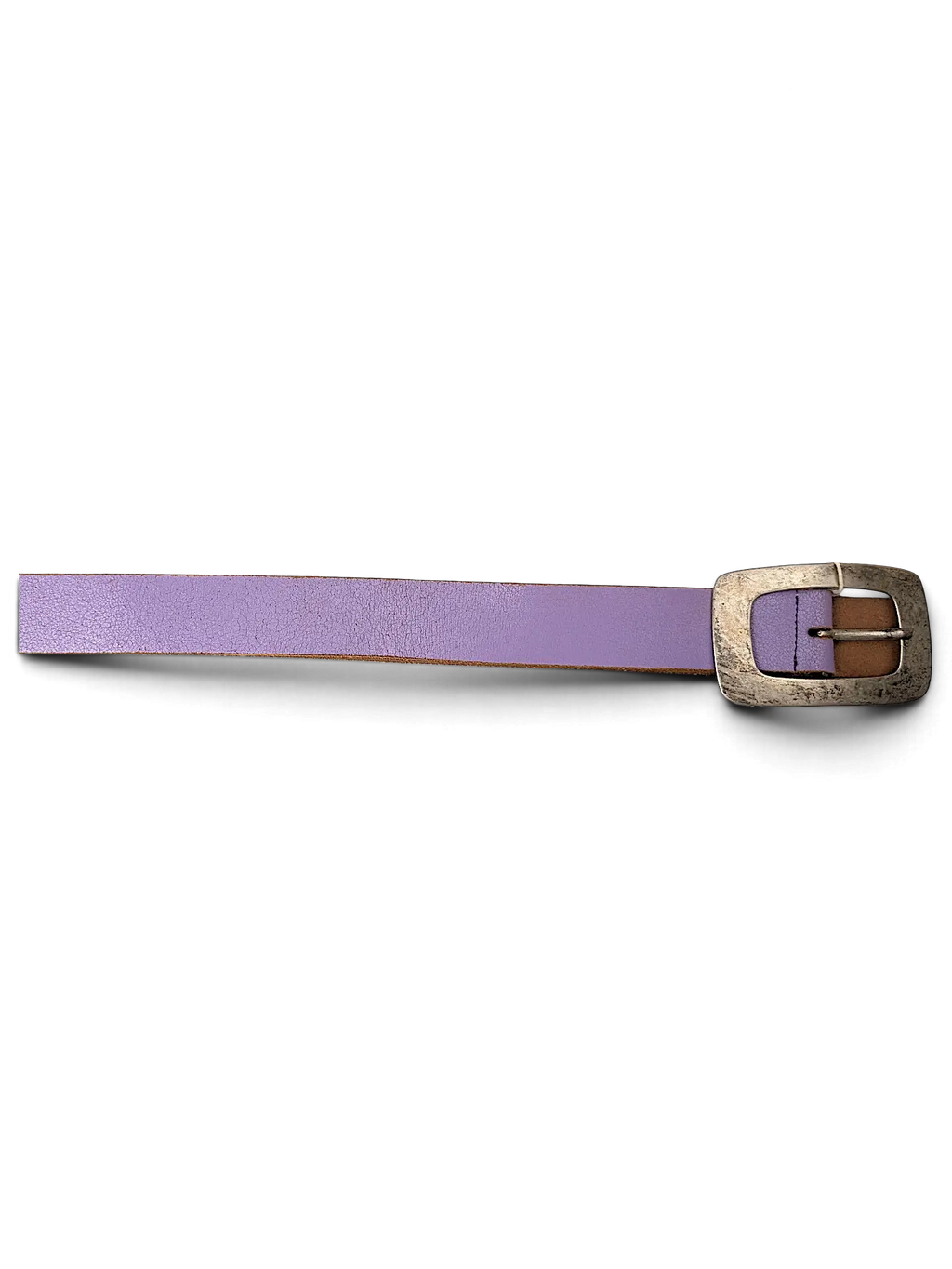 JAKE & IPI purple leather belt with a large distressed silver-tone rectangular buckle and attached brand tag.