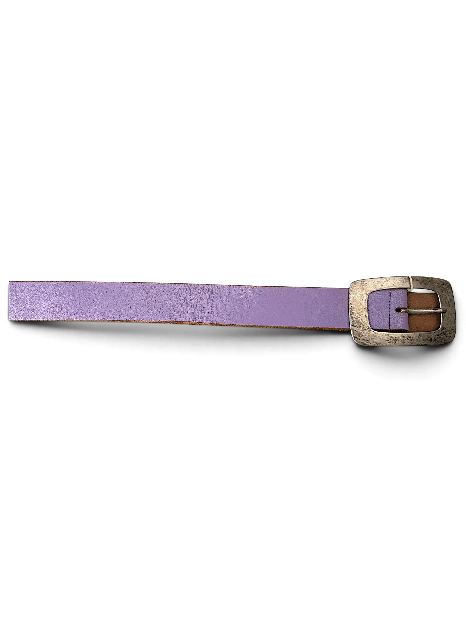 JAKE & IPI purple leather belt with a large distressed silver-tone rectangular buckle and attached brand tag.