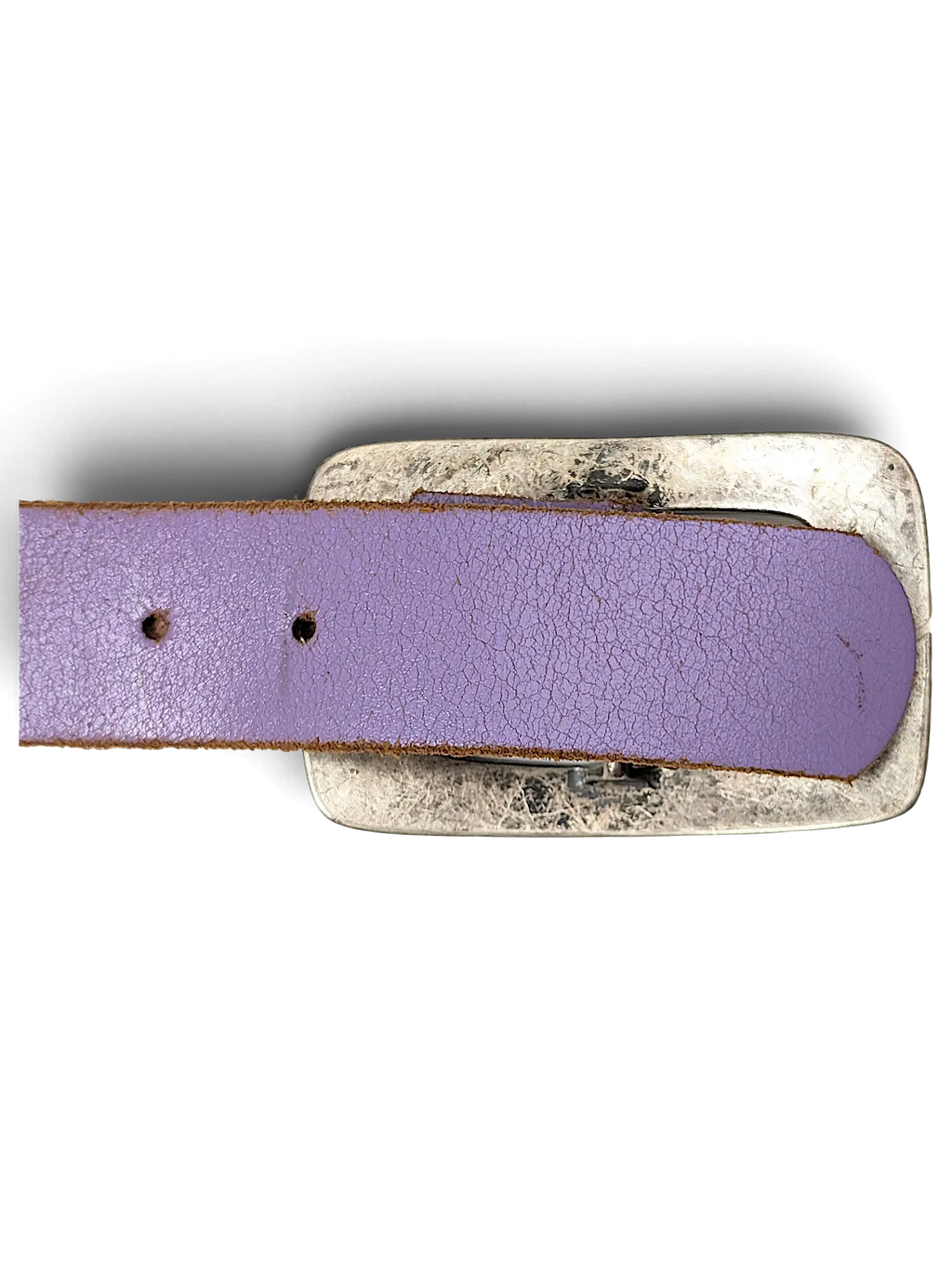 JAKE & IPI purple leather belt with a distressed silver rectangular buckle