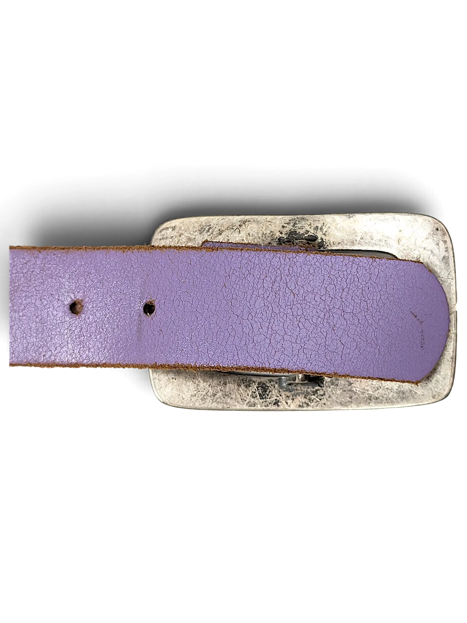 JAKE & IPI purple leather belt with a distressed silver rectangular buckle