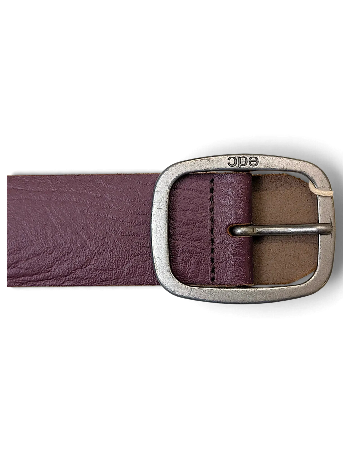 JAKE & IPI purple leather belt featuring a brushed silver buckle with edc branding on a black background