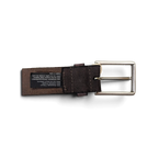 JAKE & IPI purple suede leather belt with a silver metal buckle and product information label on the reverse side