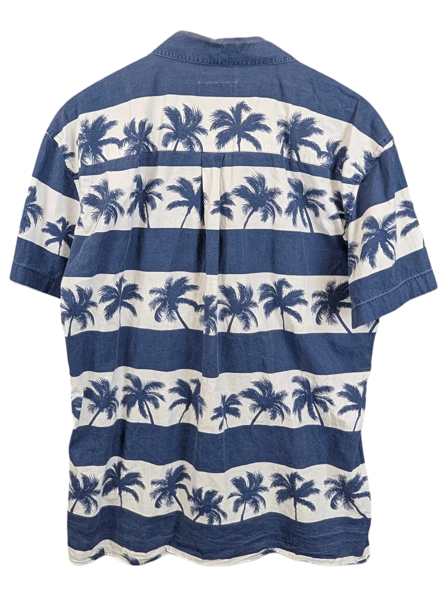 JAKE & IPI R2 Amsterdam Hawaiian shirt featuring a blue and white horizontal striped palm tree print on cotton fabric.