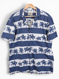JAKE & IPI R2 Amsterdam Hawaiian shirt featuring a blue and white horizontal striped palm tree print and camp collar.