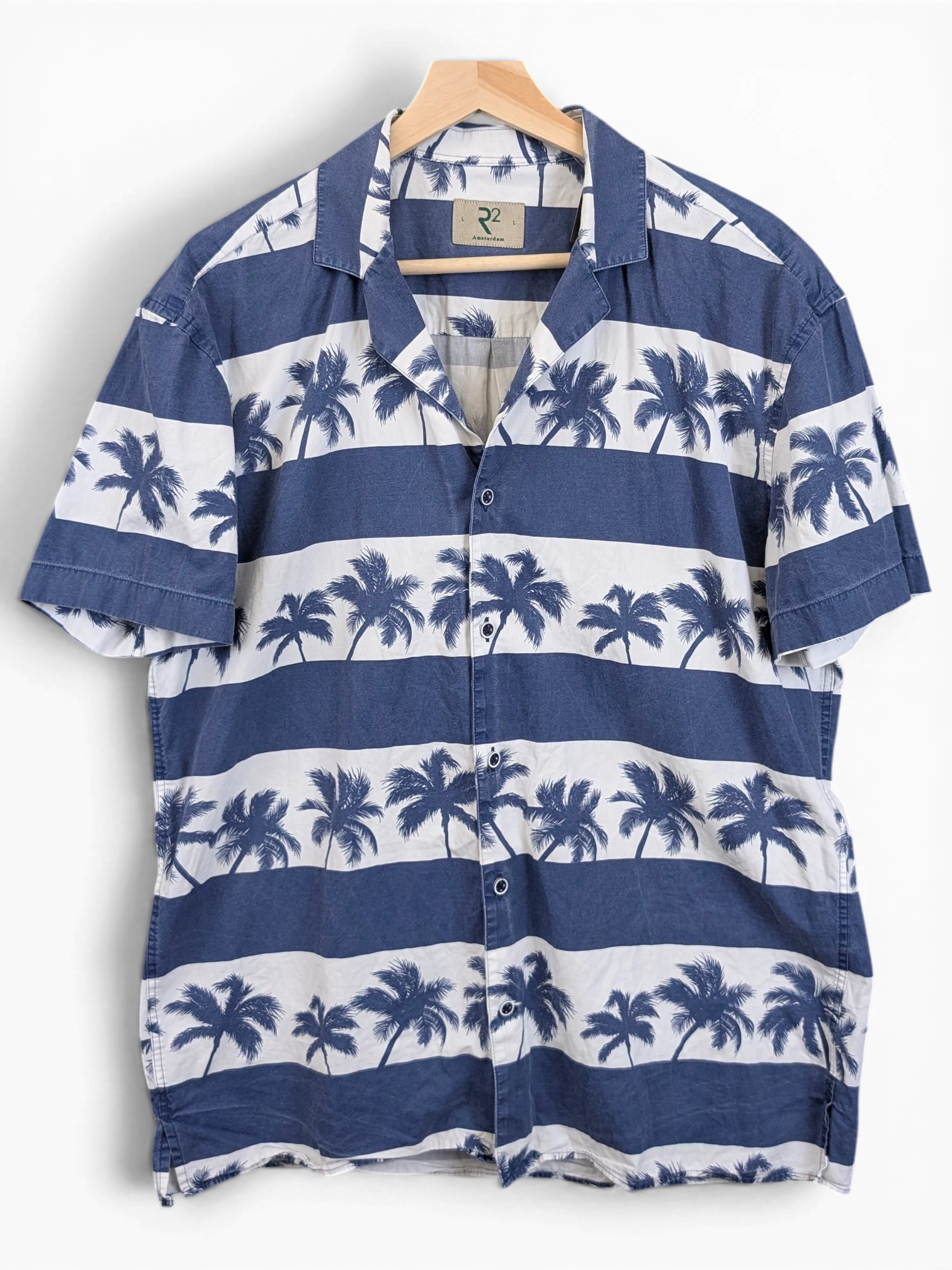 JAKE & IPI R2 Amsterdam Hawaiian shirt featuring a blue and white horizontal striped palm tree print and camp collar.