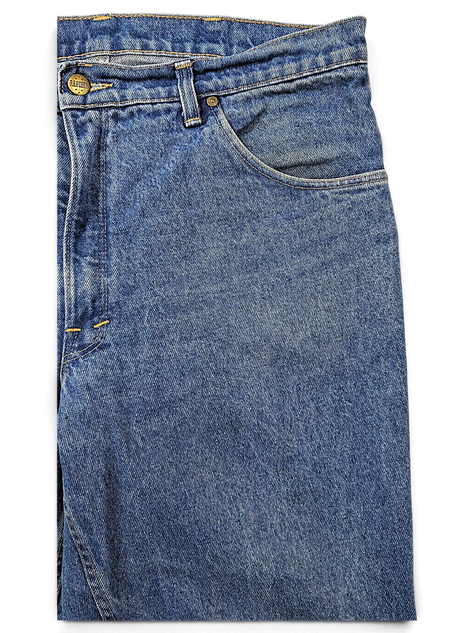 JAKE & IPI Rancher jeans in classic medium blue denim with a branded metal button closure and five-pocket design.