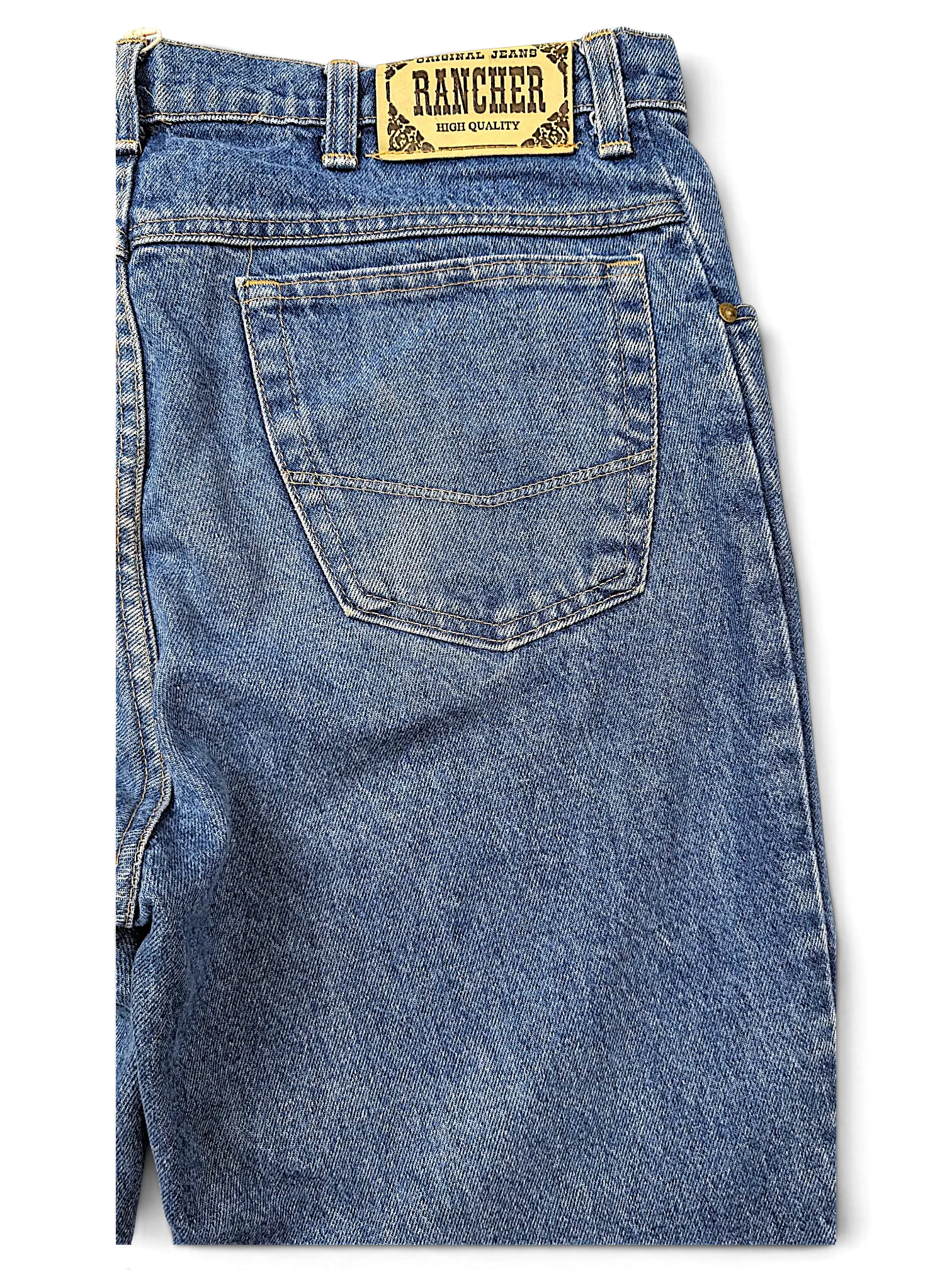 JAKE & IPI Rancher jeans in medium wash blue denim with a leather brand patch on the back waistband