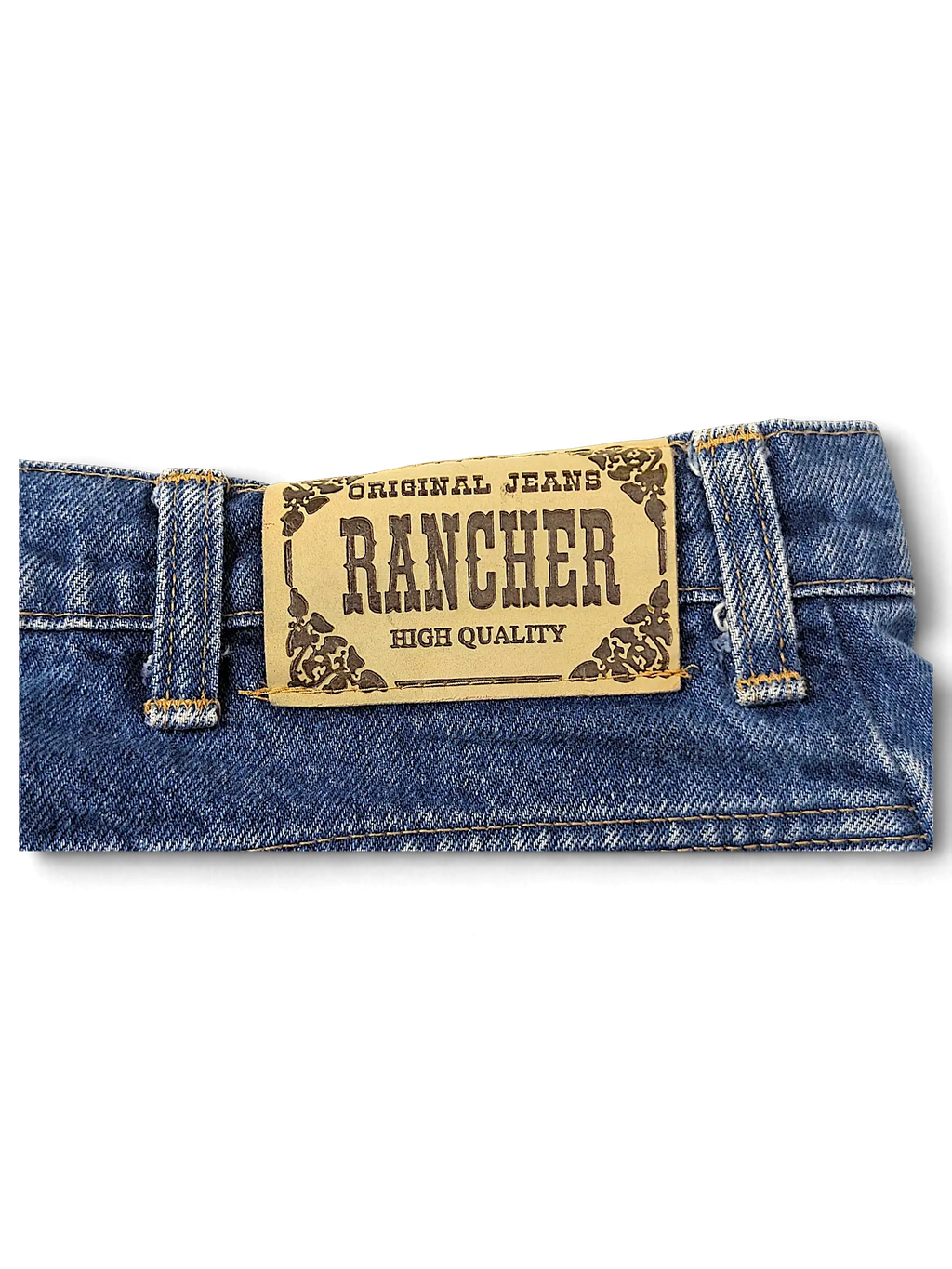 JAKE & IPI Rancher jeans featuring a tan leather-look brand patch on the back waistband with western-style typography