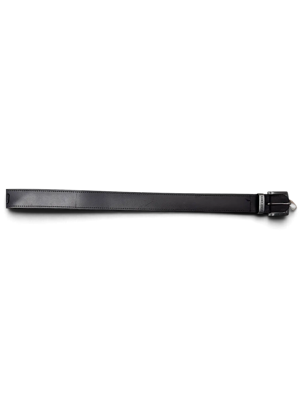 JAKE & IPI Randy River black leather belt with a silver metal buckle and stitched edges on a white surface.