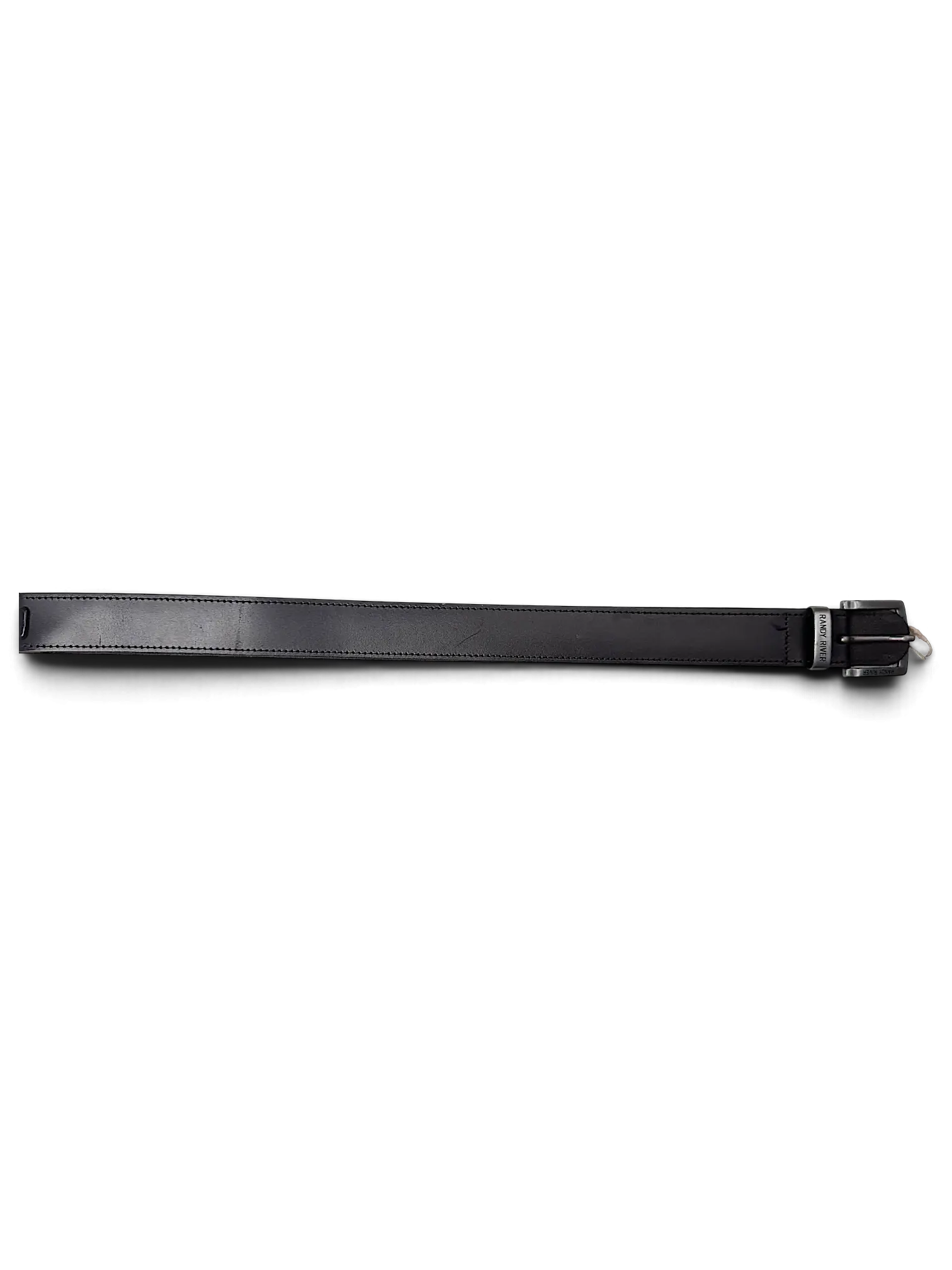 JAKE & IPI Randy River black leather belt with a silver metal buckle and stitched edges on a white surface.