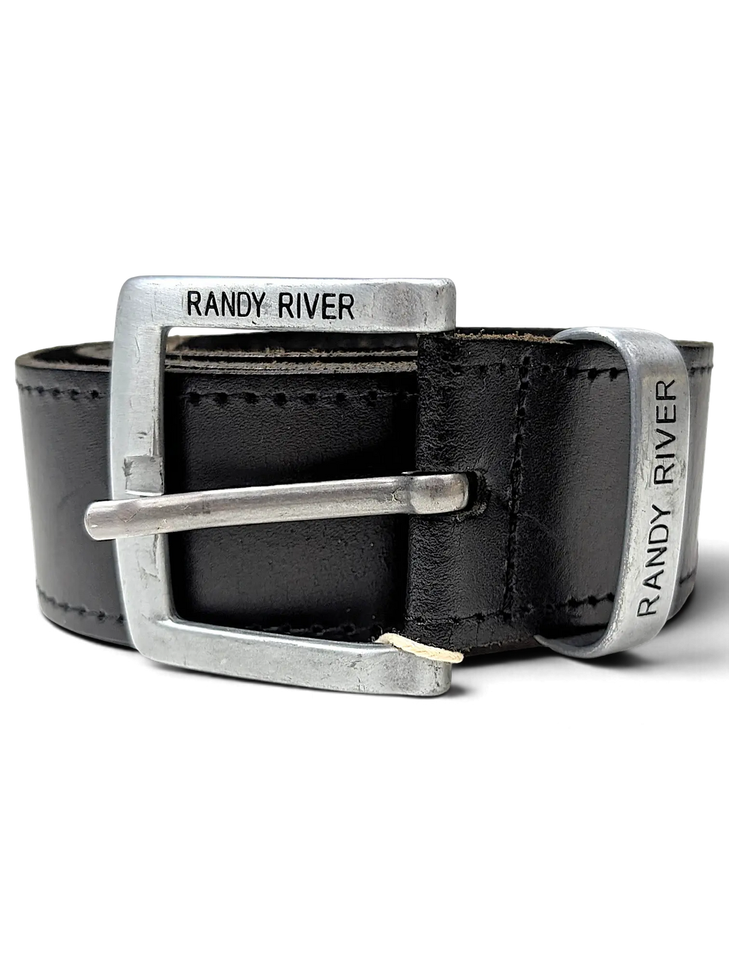 JAKE & IPI Randy River black leather belt featuring a brushed silver metal buckle with engraved branding.