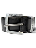 JAKE & IPI Randy River black leather belt featuring a brushed silver metal buckle with engraved branding.