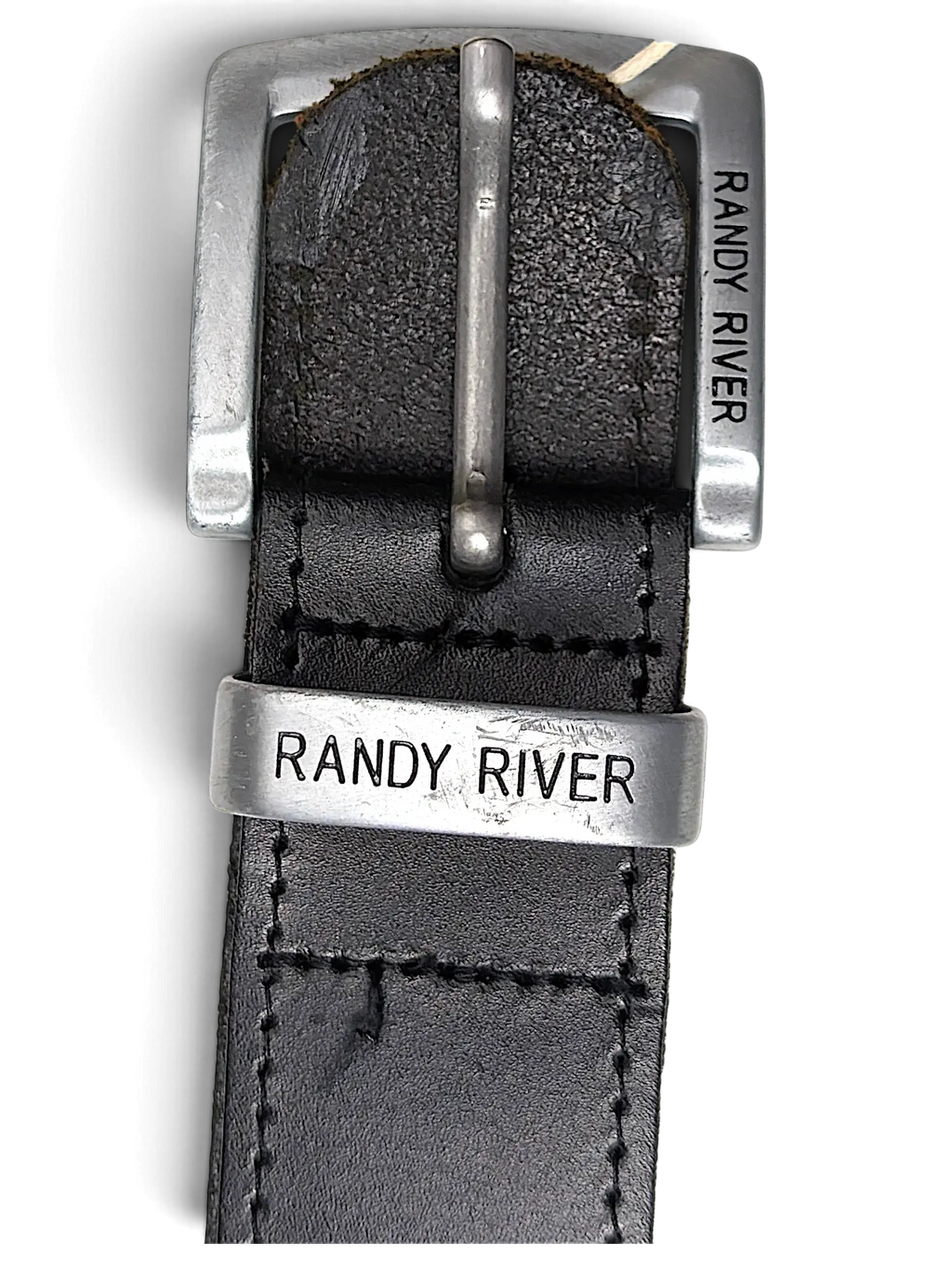 JAKE & IPI Randy River black leather belt featuring a brushed silver metal buckle with engraved brand logo