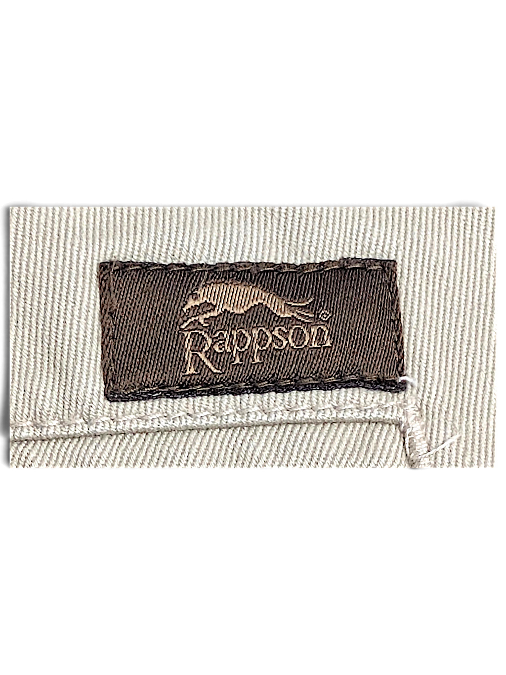 JAKE & IPI Rappson brand label on light grey cotton cargo trousers fabric