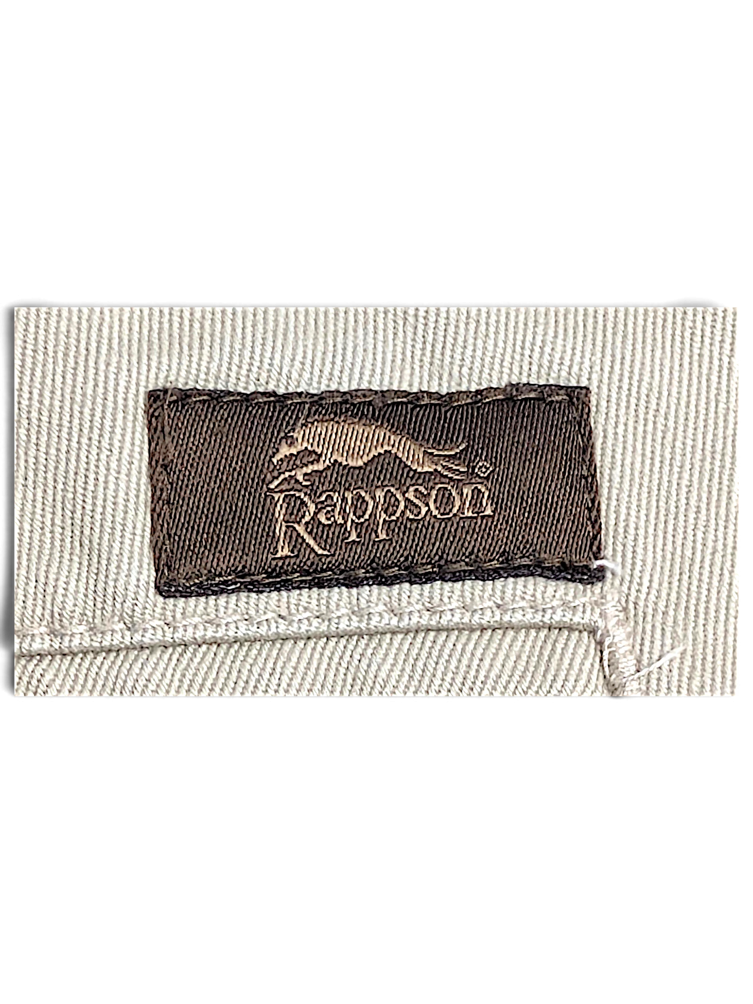 JAKE & IPI Rappson brand label on light grey cotton cargo trousers fabric