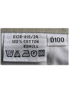 JAKE & IPI Rappson cargo trousers care label showing 100% cotton composition and D100 size tag