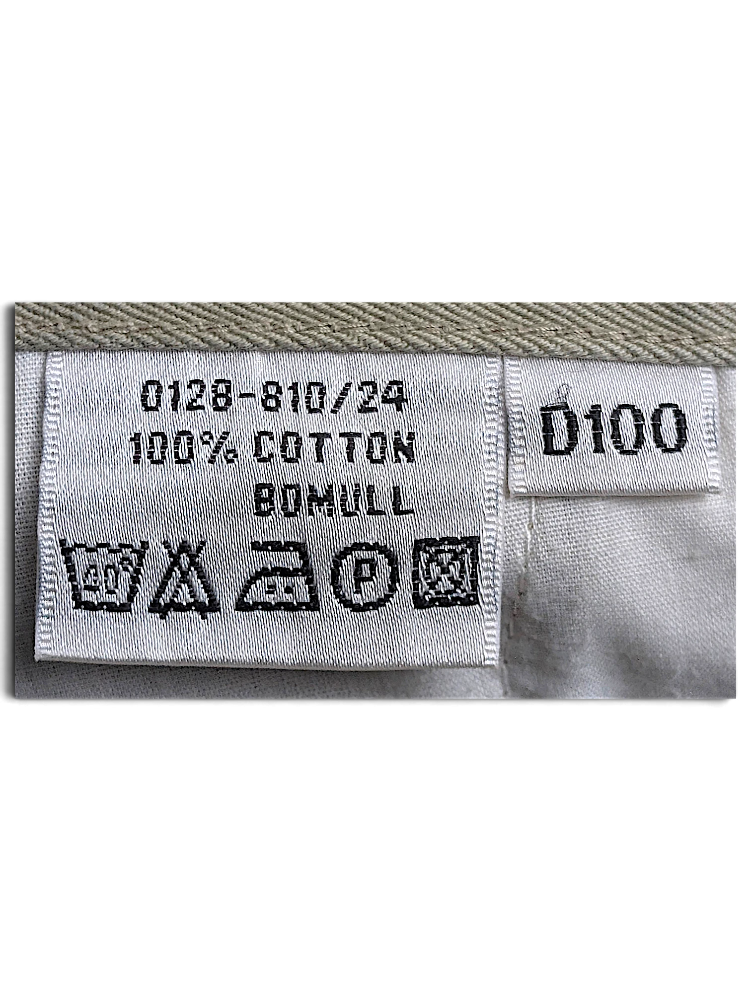 JAKE & IPI Rappson cargo trousers care label showing 100% cotton composition and D100 size tag