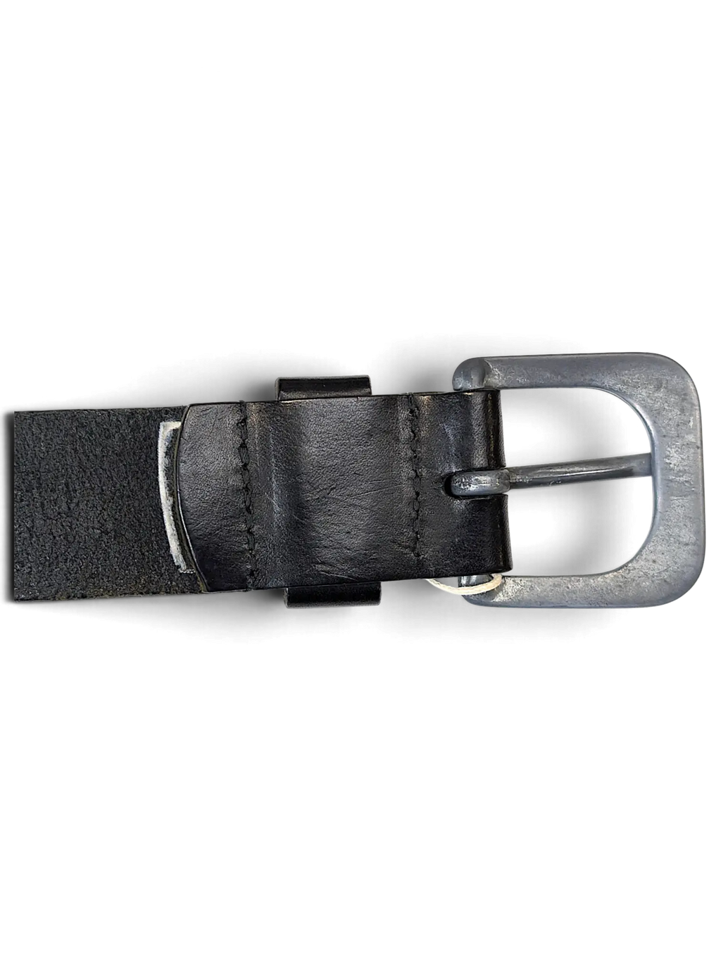 JAKE & IPI G.S. Raw black leather belt featuring a distressed grey metal buckle and durable stitched construction.