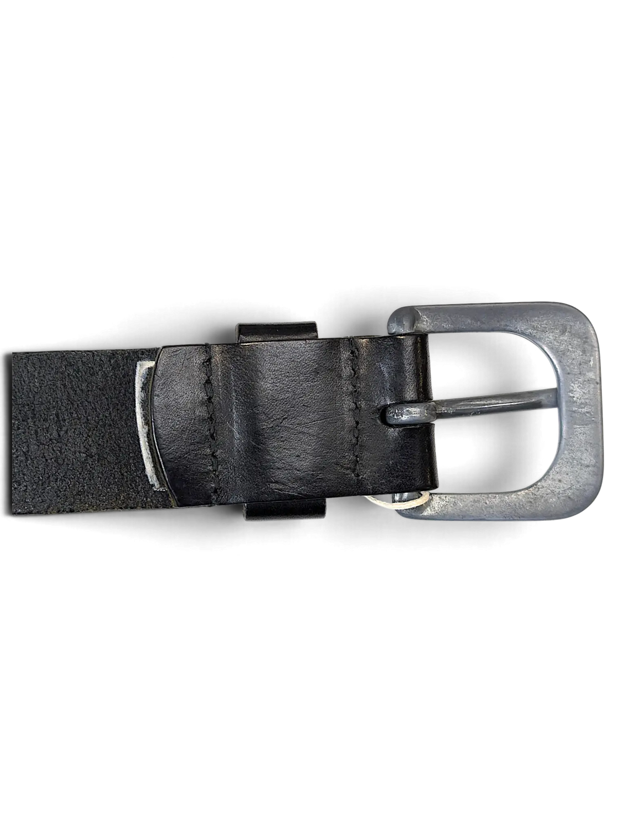 JAKE & IPI G.S. Raw black leather belt featuring a distressed grey metal buckle and durable stitched construction.