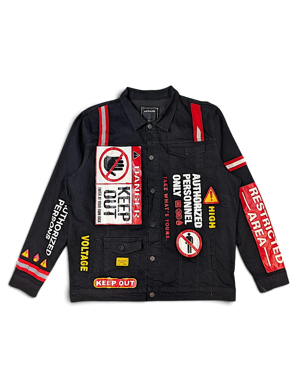 JAKE & IPI Reason black denim jacket featuring bold danger and restricted area warning patches and reflective strips