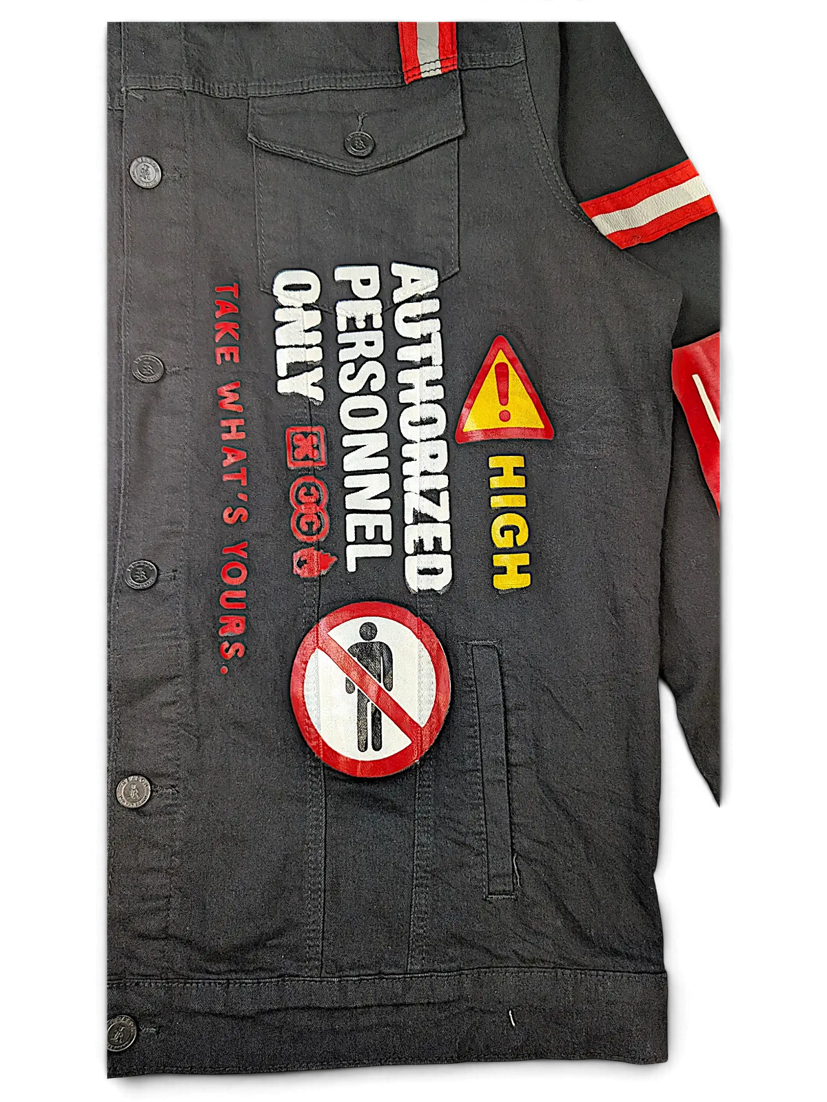 JAKE & IPI Reason black denim jacket featuring graphic patches and embroidered text on the front