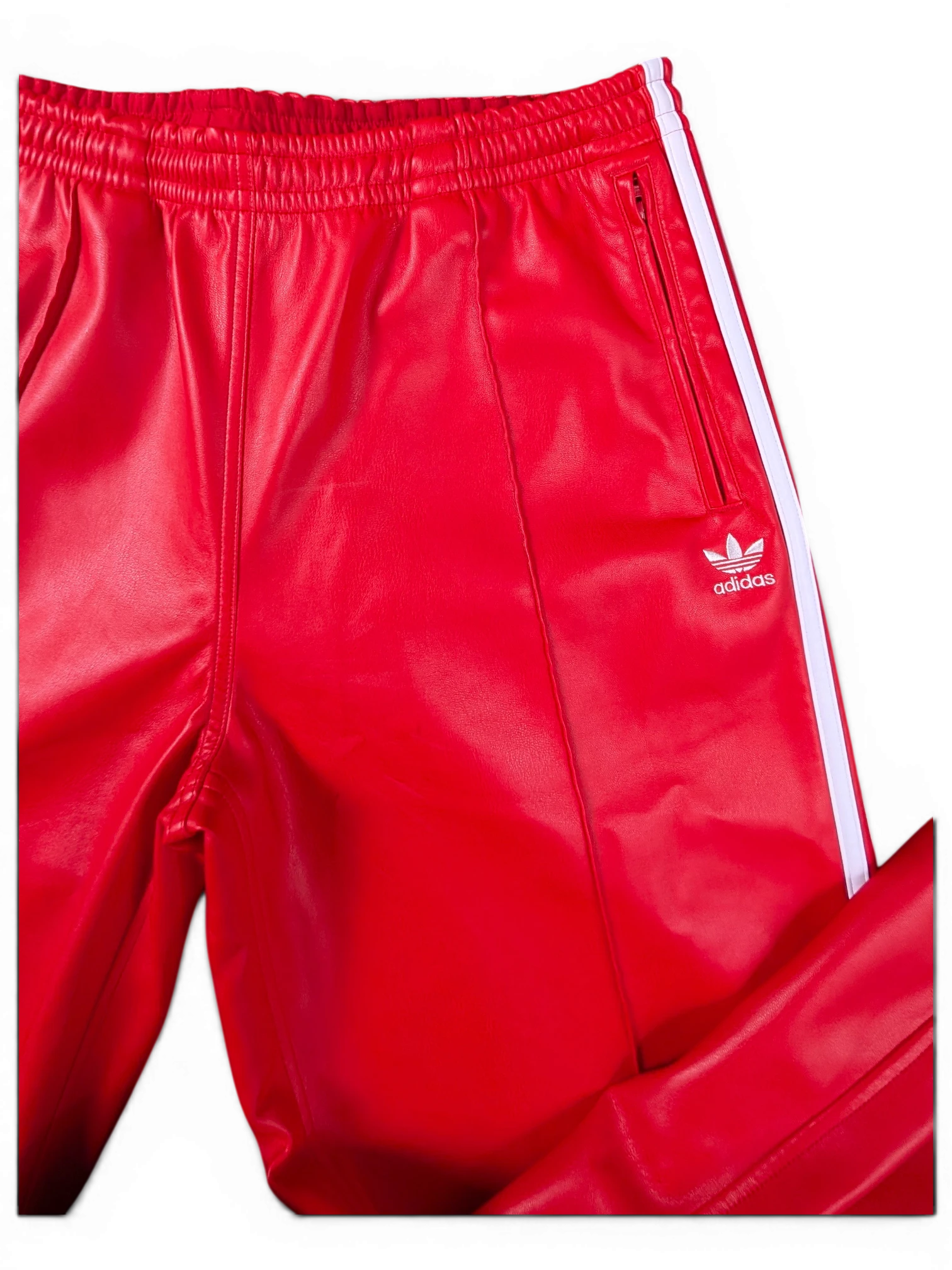 JAKE & IPI red Adidas leather pants with white side stripes and zippered pockets