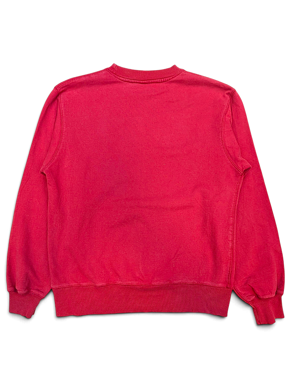 Back view of a red JAKE & IPI Camp David College crewneck sweatshirt with ribbed cuffs and hem.