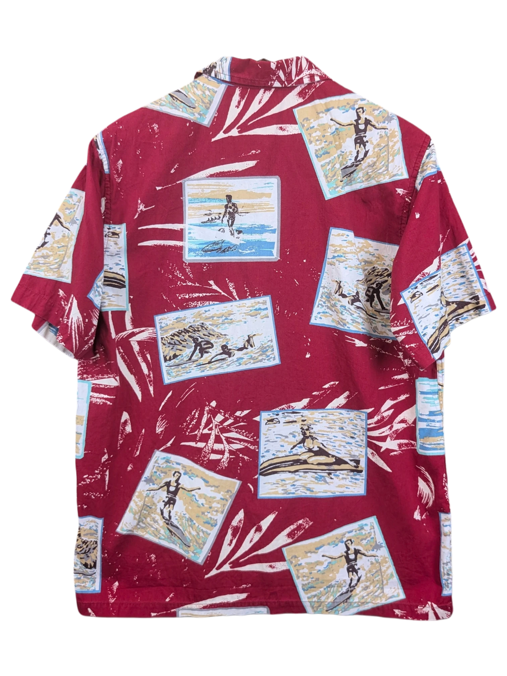 JAKE & IPI red Dickies Hawaiian shirt featuring a vintage surfing photo collage print and short sleeves.