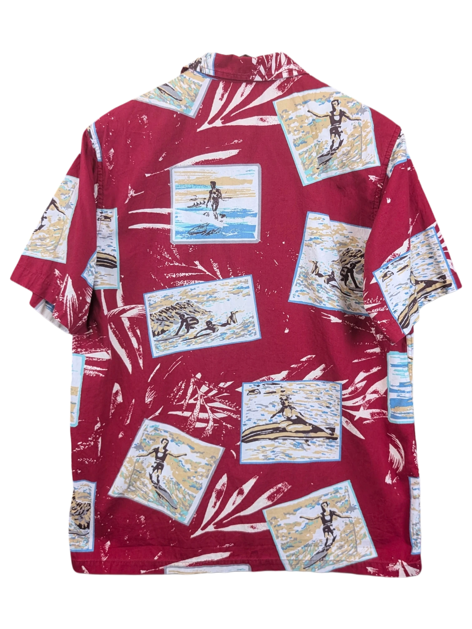 JAKE & IPI red Dickies Hawaiian shirt featuring a vintage surfing photo collage print and short sleeves.