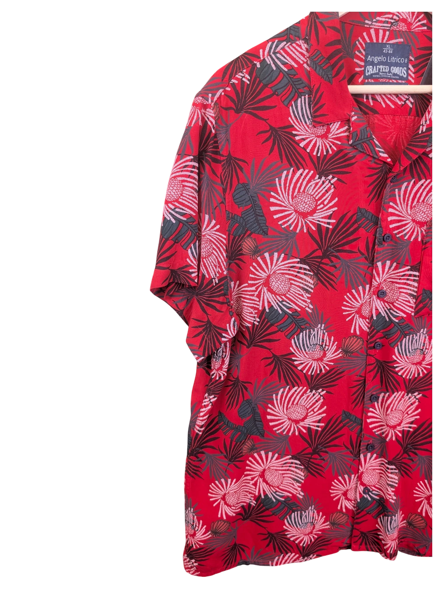 JAKE & IPI Angelo Litrico red Hawaiian shirt with a tropical floral and palm leaf print and button-down front.
