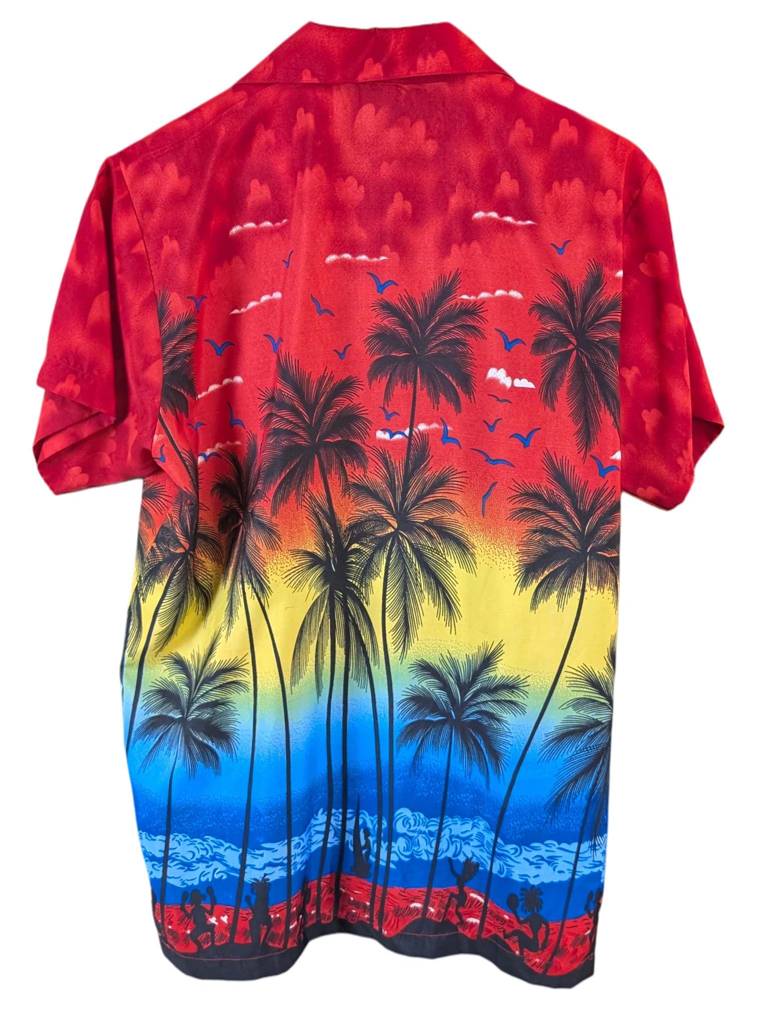 JAKE & IPI red Hawaiian shirt featuring a vibrant sunset, palm tree silhouette, and beach scene print.