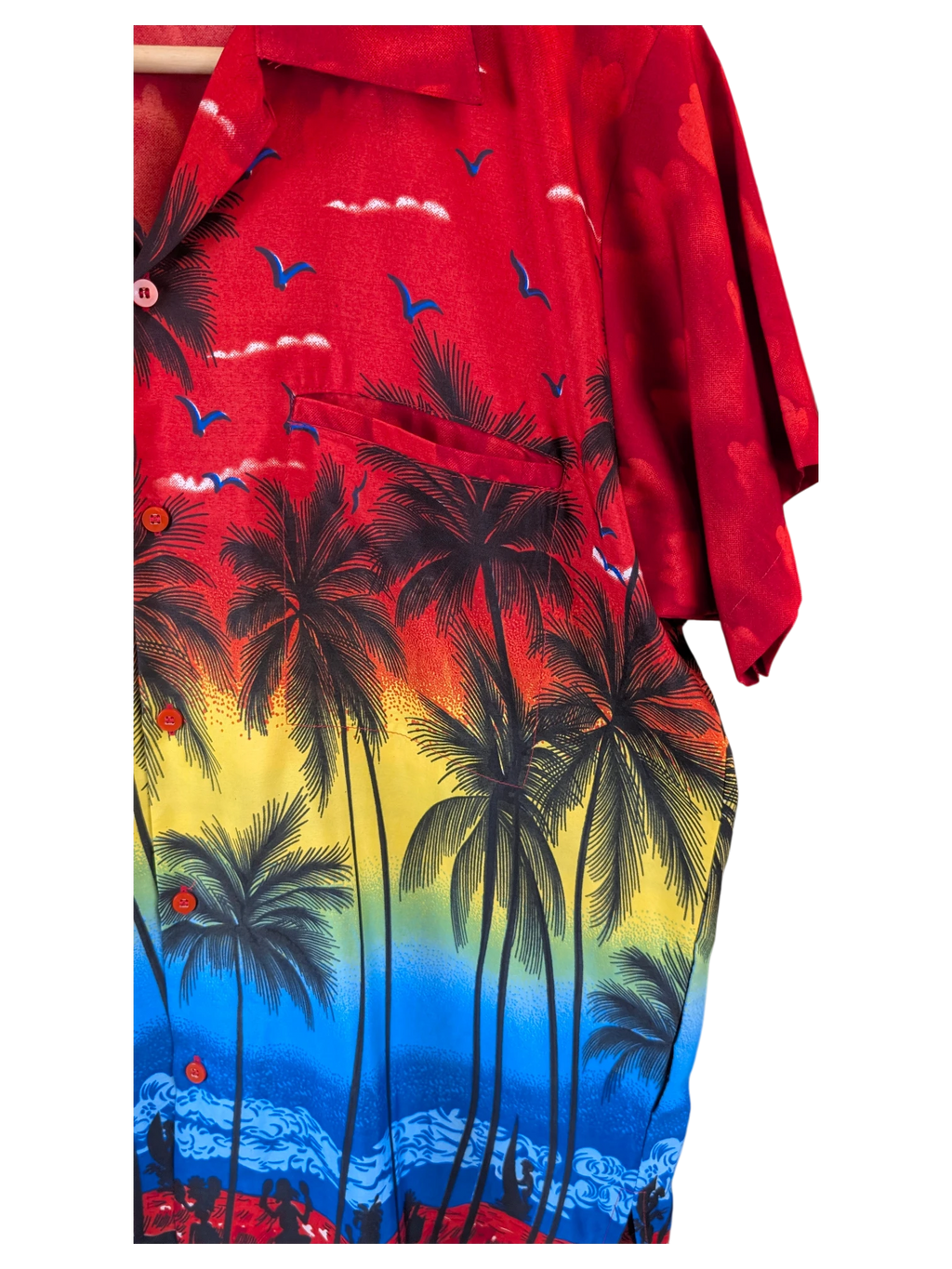 JAKE & IPI red Hawaiian shirt featuring a vibrant sunset, palm tree, and bird print with a button-down front.