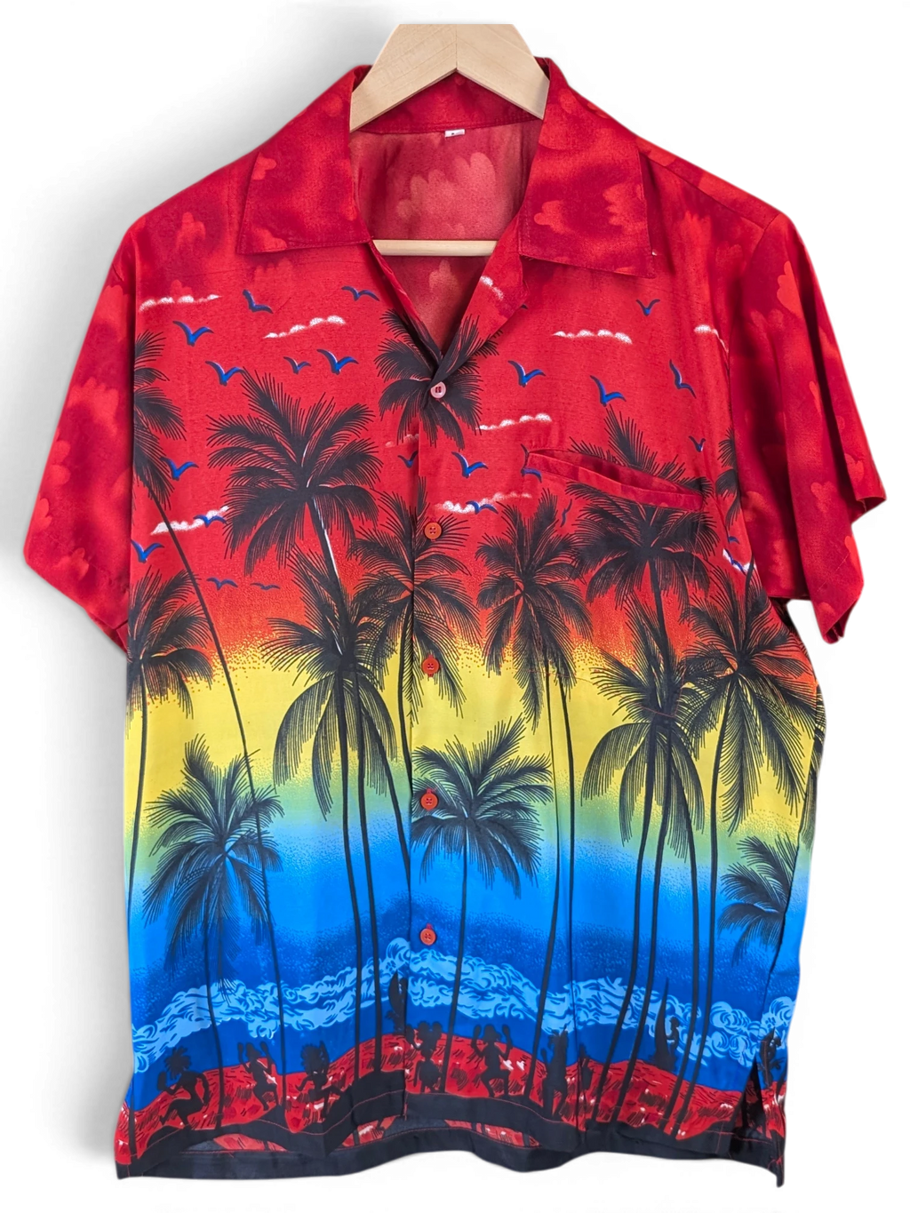 JAKE & IPI red Hawaiian shirt featuring a vibrant sunset, palm tree, and beach silhouette print on a button-up top.