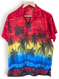 JAKE & IPI red Hawaiian shirt featuring a vibrant sunset, palm tree, and beach silhouette print on a button-up top.