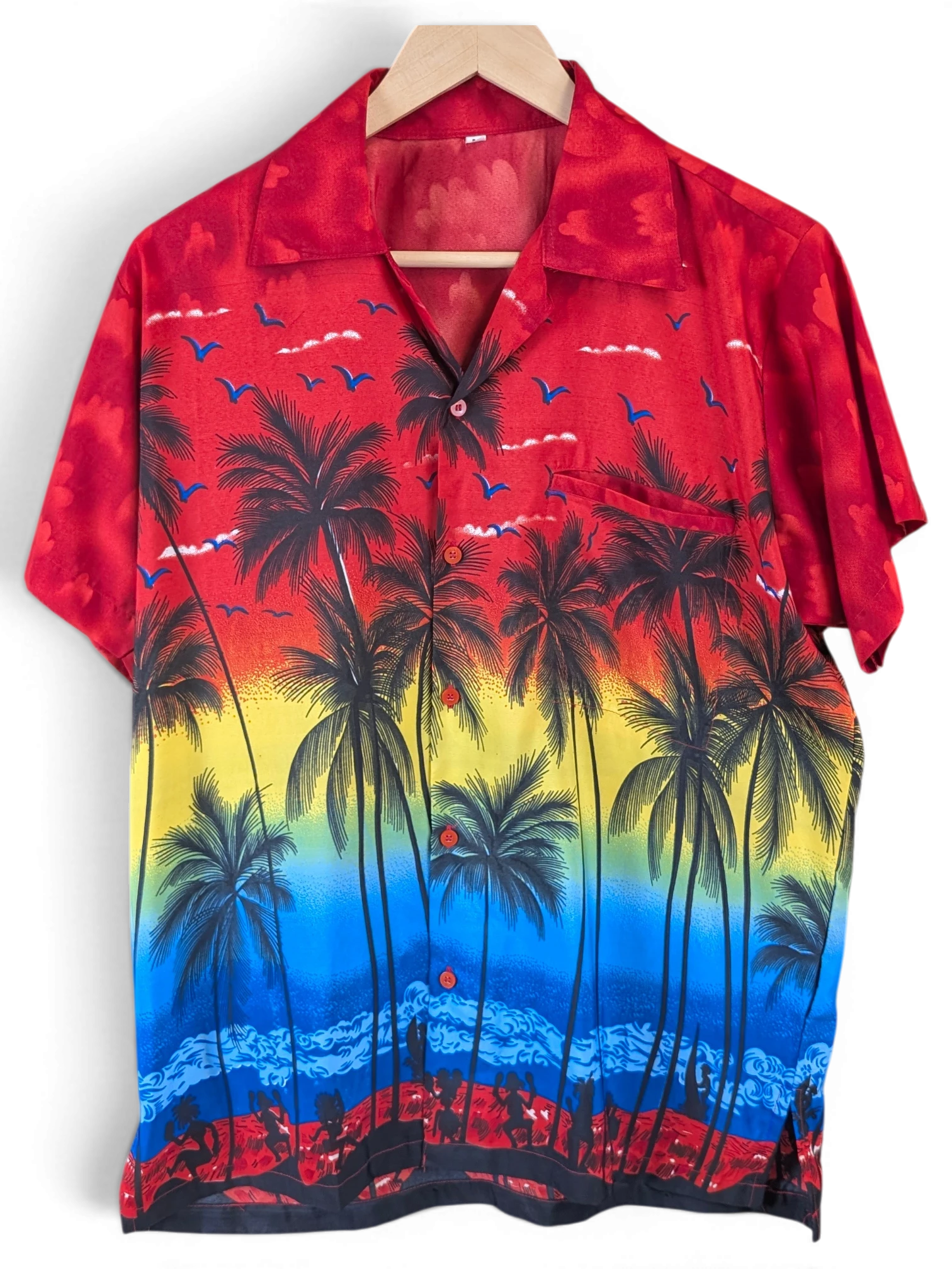 JAKE & IPI red Hawaiian shirt featuring a vibrant sunset, palm tree, and beach silhouette print on a button-up top.