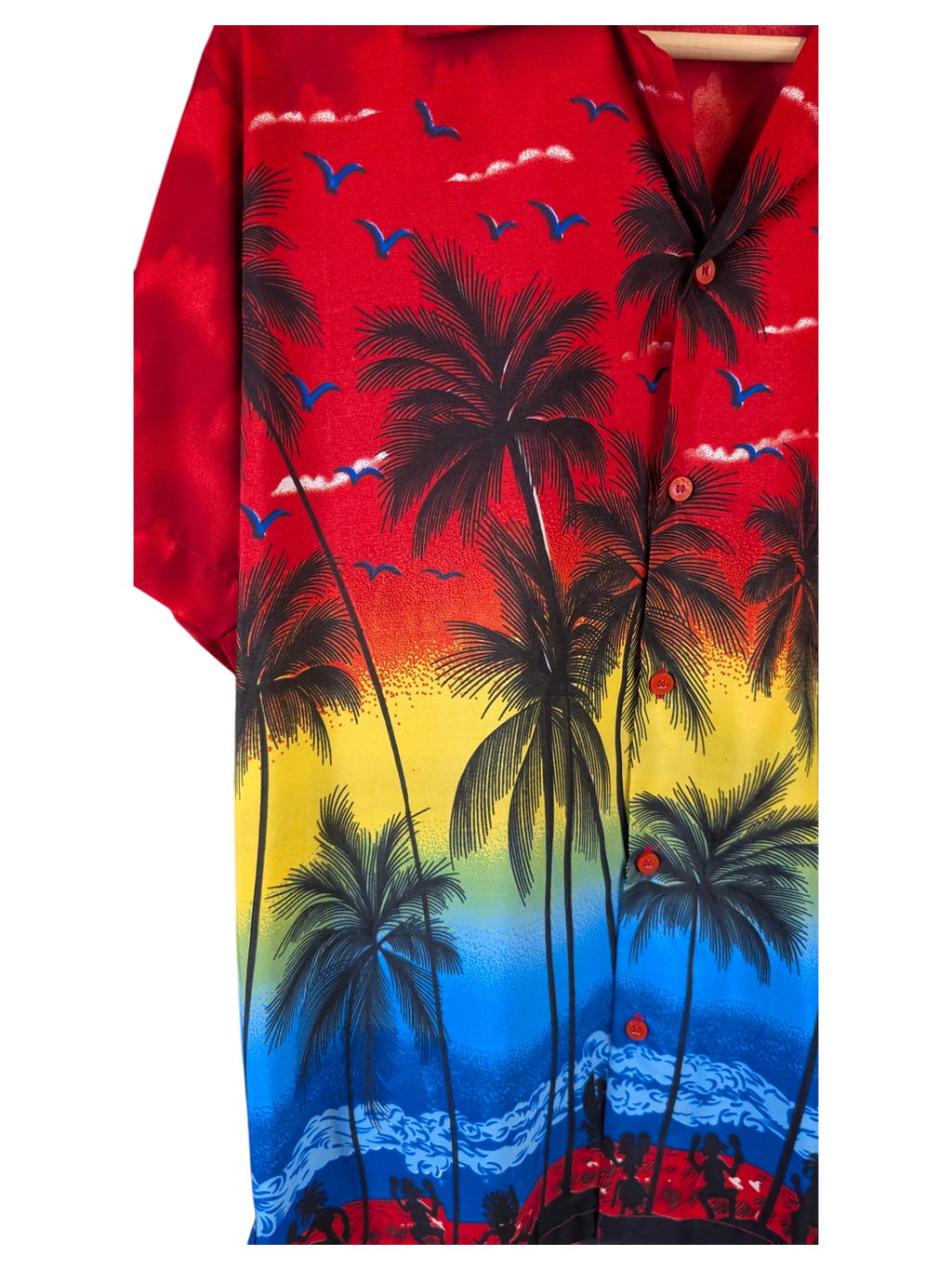 JAKE & IPI red Hawaiian shirt featuring a vibrant sunset, palm tree, and bird print with a button-down front.