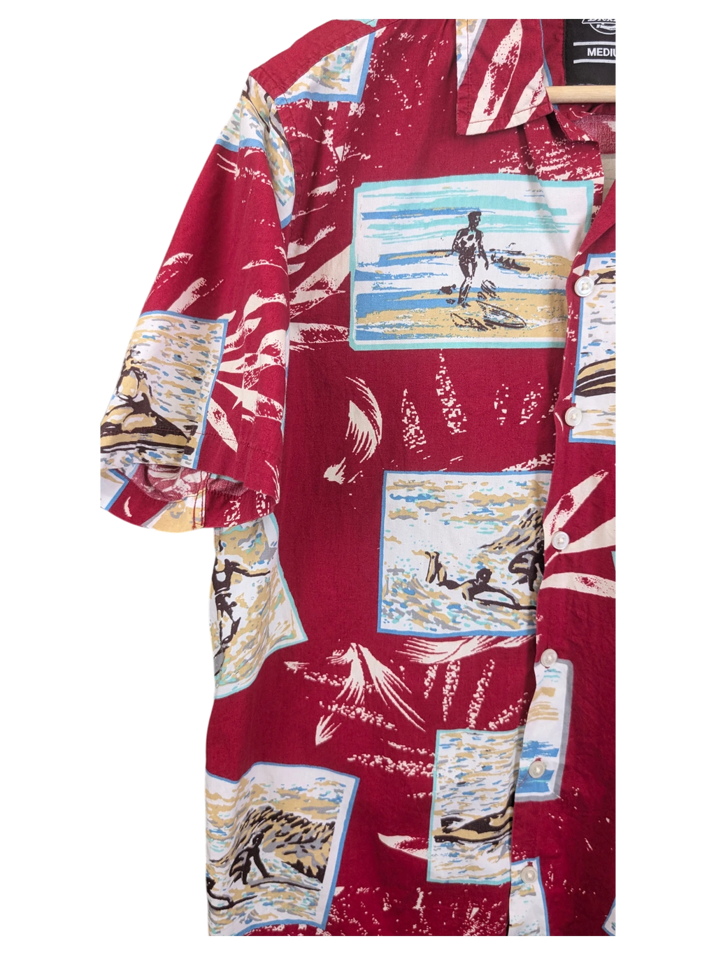 JAKE & IPI red short-sleeve Hawaiian shirt featuring a vintage-style surfing print with beach scenes